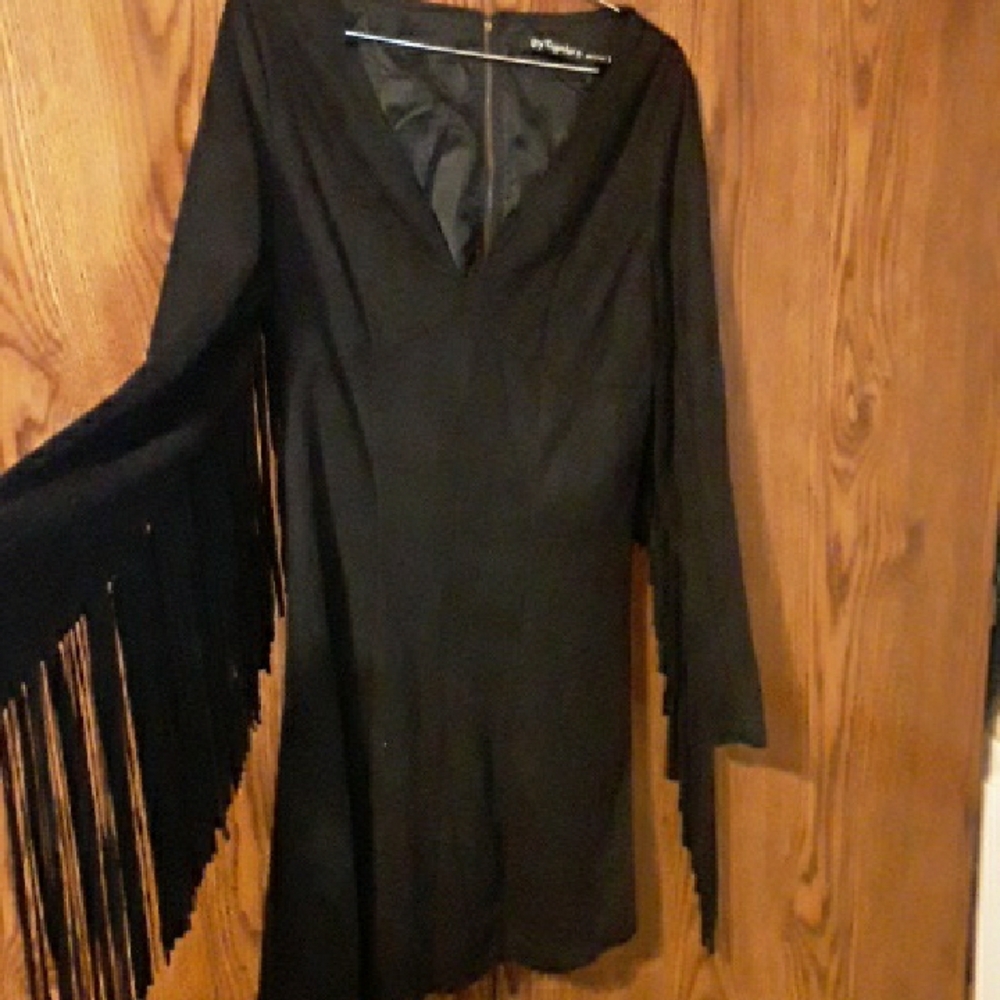 Black dress with fringed long sleeves